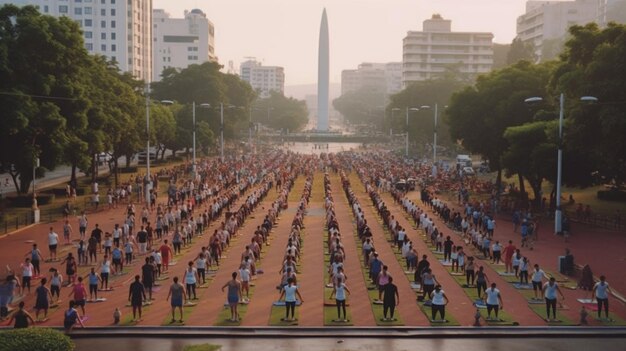 Unité en mouvement Un rassemblement panoramique de centaines de personnes pratiquant ensemble