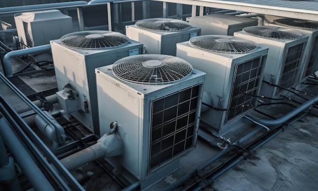 Unités de climatisation HVAC sur un toit de bâtiment industriel avec ciel bleu et nuages en arrière-plan