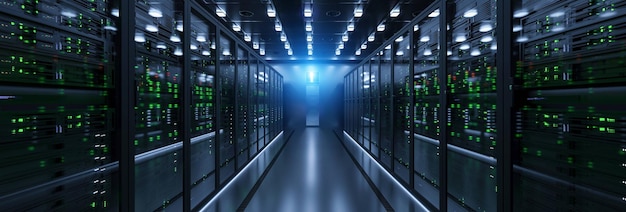 Unités de serveur dans le centre de données de service cloud affichant des indicateurs lumineux scintillants pour une bande passante de connexion de données massive