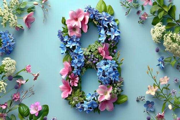 Unity fleurissant Une fleur de printemps huit pour la célébration de la fête de la femme Arrière-plan bleu IA générative