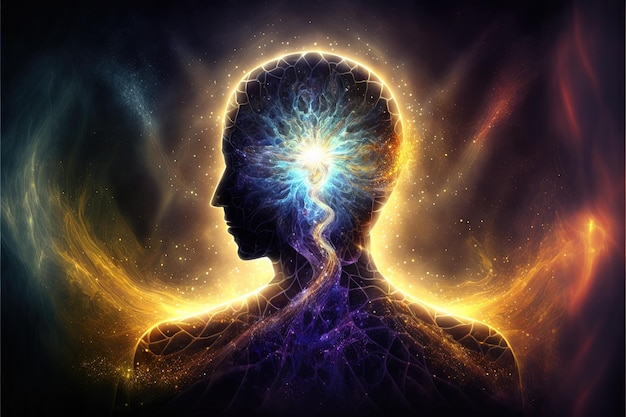 L'univers, le cosmos, la méditation, le fond, les chakras, le prana, l'esprit de Dieu et la spiritualité, l'intelligence artificielle générative.