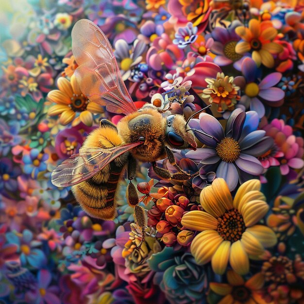 un univers fait de nombreuses espèces de fleurs colorées et de grandes abeilles