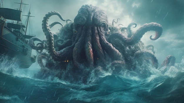 Photo unleashed fury massive kraken se réveille au milieu d'une mer orageuse