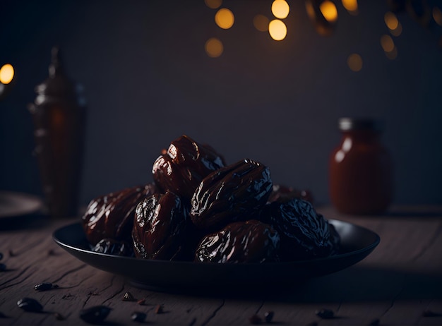 Photo unreal ramadan dining ultradetailed 8k dates sur une assiette dans un environnement parfait avec volumétrie