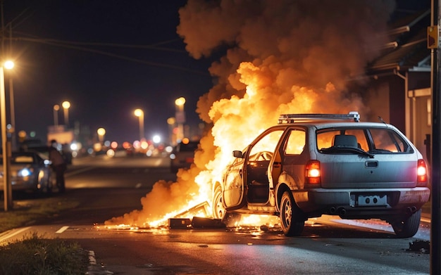 Photo urgence de nuit avec une voiture en feu