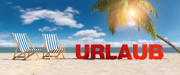 Urlaub (allemand pour : vacances) concept avec slogan sur la plage avec transats, palmier et ciel bleu