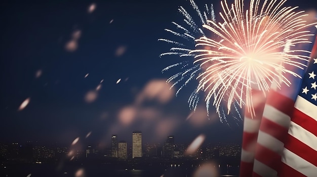 USA 4 juillet fête de l'indépendance drapeau américain avec feux d'artifice ai générative