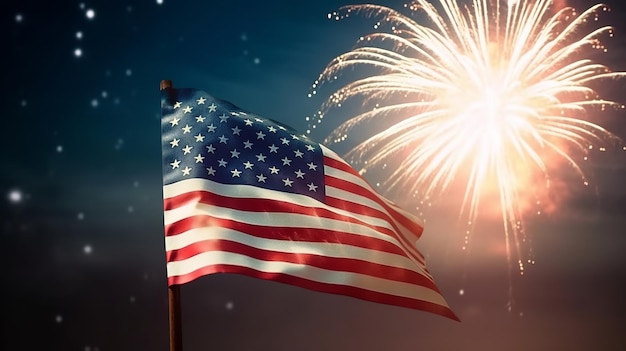 USA 4 juillet fête de l'indépendance drapeau américain avec feux d'artifice ai générative