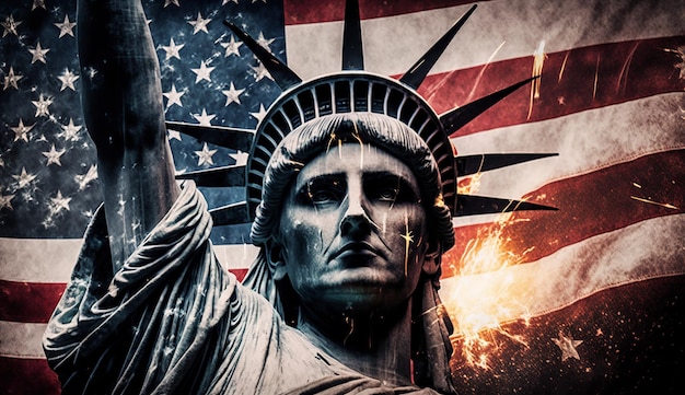 USA 4 juillet Illustration de la statue de la liberté et du drapeau américain Generative ai