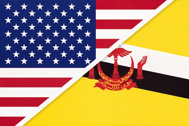 USA vs Brunei drapeau national du textile. Relation entre deux pays américains et asiatiques.