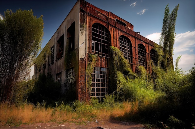 Usine abandonnée avec des fenêtres cassées et du métal rouillé entouré d'une végétation envahissante