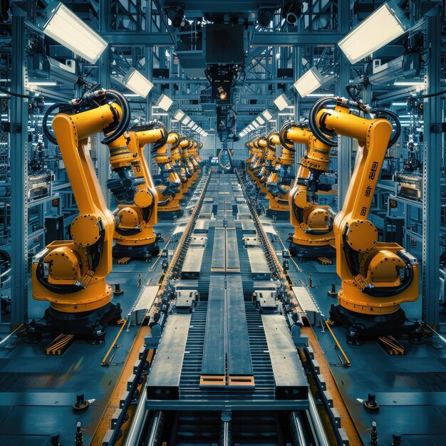 Une usine avec beaucoup de robots.