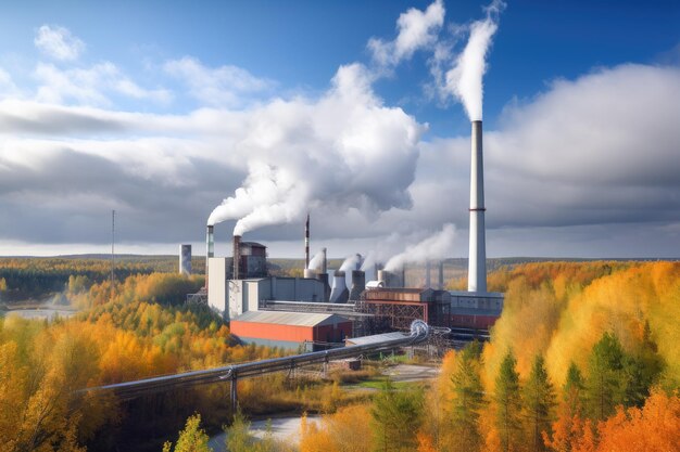 Photo usine de bioénergie avec de la vapeur et de la fumée s'élevant des cheminées