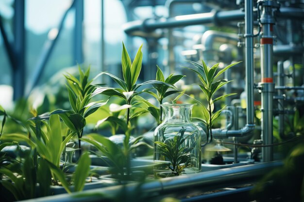 Usine de biotechnologie futuriste Photobioreacteur fait de plantes vertes connectées par un système hydroponique