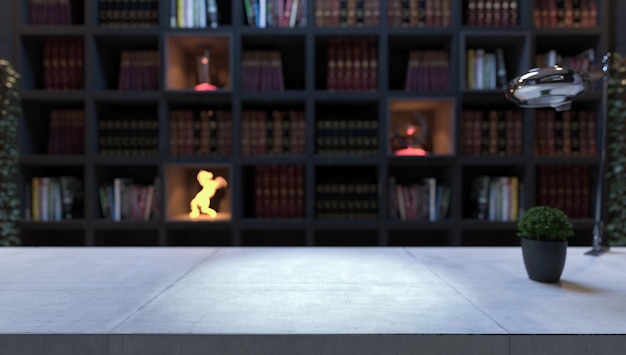 Usine de bureau en béton et lampe de table devant une étagère noire avec des livres modernes et classiques de la bibliothèque rendu 3D à effet de champ profond