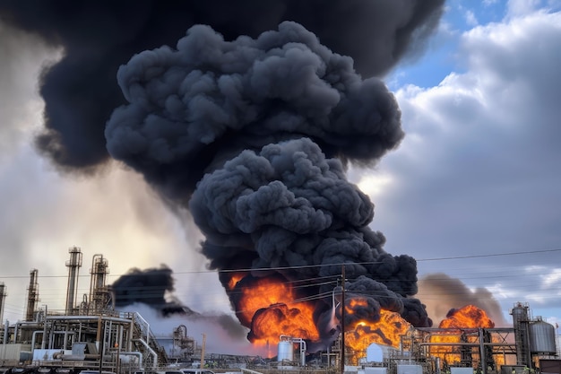 Usine chimique avec de la fumée et des flammes s'échappant des piles créées avec l'IA générative