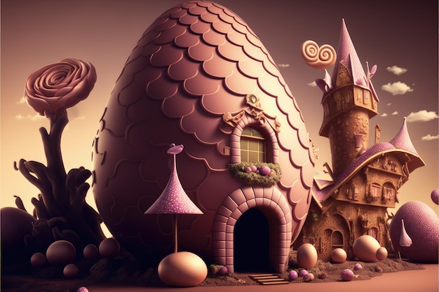 Une usine de chocolat dans un monde fantastique une usine géante d'œufs de Pâques illustration numérique IA