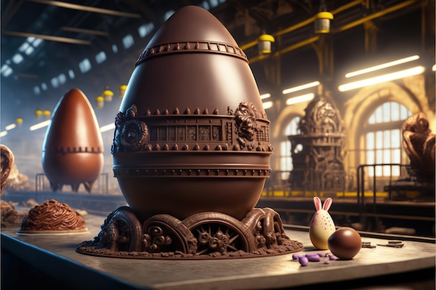 Une usine de chocolat dans un monde fantastique une usine géante d'œufs de Pâques illustration numérique IA