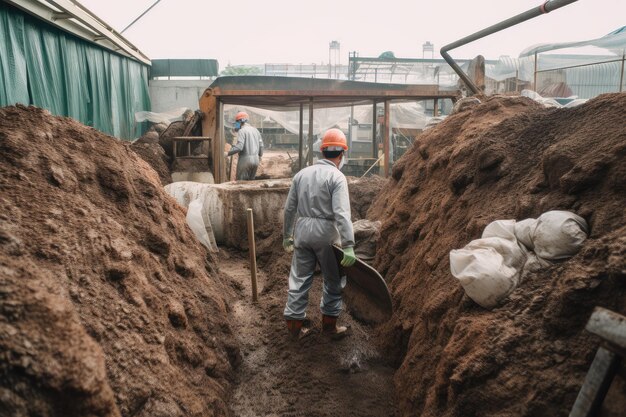 Usine commerciale d'extraction et de traitement avec des travailleurs extrayant la matière première de la terre