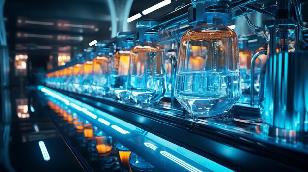 Photo une usine d'embouteillage futuriste avec des bras robotiques et un éclairage bleu néon remplissant des bouteilles cristallines avec un liquide ambre brillant.