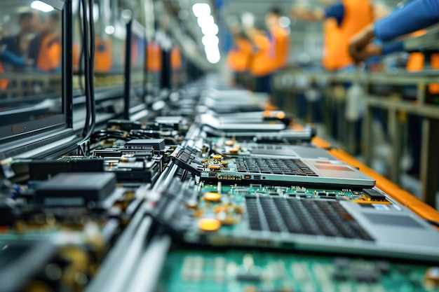 L'usine de fabrication d'ordinateurs portables abrite des lignes d'assemblage avec des ouvriers installant des composants et des circuits de soudure.