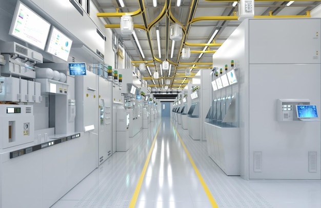 Usine de fabrication de semi-conducteurs futuriste blanc ou intérieur de laboratoire avec machine et écran d'ordinateur