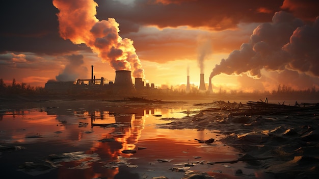 Usine avec de la fumée au coucher du soleil paysage industriel