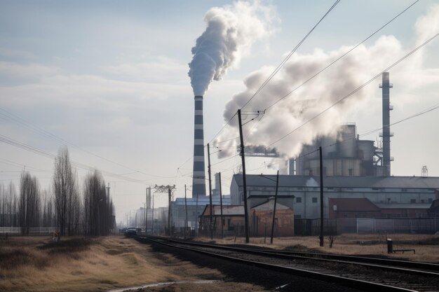 Photo usine avec de la fumée et des gaz d'échappement s'élevant des cheminées créées avec l'ia générative