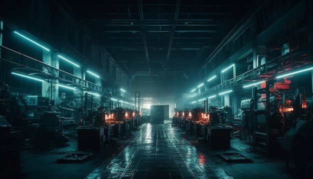 Une usine futuriste illumine la nuit avec une technologie moderne générée par l'IA