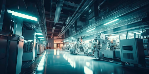 Usine futuriste avec des machines et des robots de pointe travaillant aux côtés de travailleurs humains AI générative