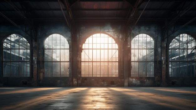 L'usine avec de grandes fenêtres et le lever du soleil