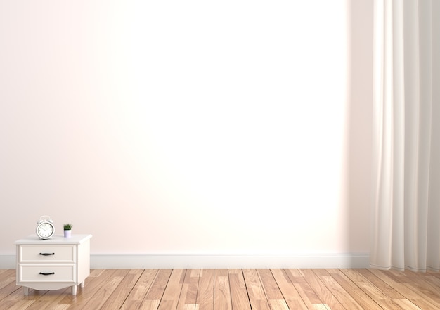 Usine et horloge sur armoire, plancher en bois sur fond de mur blanc vide.