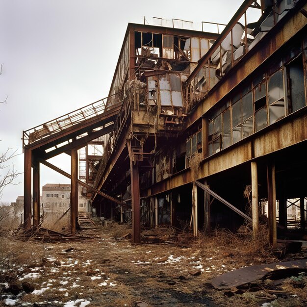 Une usine industrielle abandonnée avec des entrepôts métalliques rouillés