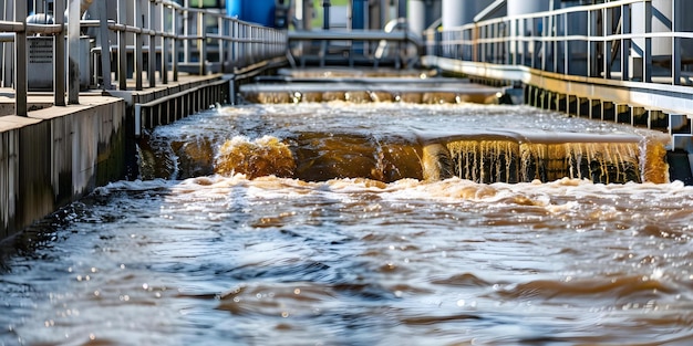 Photo une usine industrielle causant des dommages environnementaux et une pollution de l'eau en déversant des eaux usées brunes dans une rivière sauvage