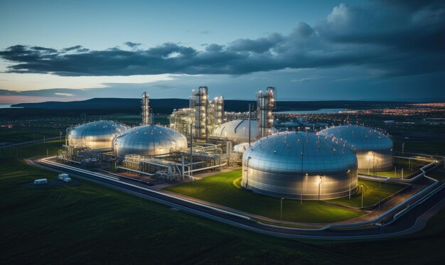 Une usine industrielle moderne, de grands réservoirs de pétrole dans la base de la raffinerie, stockage de produits chimiques tels que le pétrole, l'essence et le gaz. Vue aérienne de la zone industrielle pétrolière la nuit.