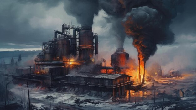 Une usine industrielle remplie de flammes et de fumée.