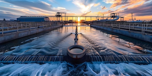 Une usine industrielle de traitement de l'eau efficace à la lumière brillante du lever du soleil Concept de traitement d'eau de réglage industriel Ingénierie environnementale Photographie du soleil levant Efficacité dans les opérations