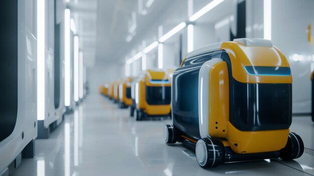 Une usine d'innovation moderne et élégante avec un intérieur blanc présentant une ligne d'assemblage avancée assistée par des robots. Les robots sont conçus en bleu foncé et jaune foncé.