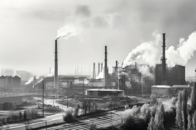 Usine métallurgique avec de la fumée et de la vapeur s'élevant des cheminées en photo noir et blanc vintage