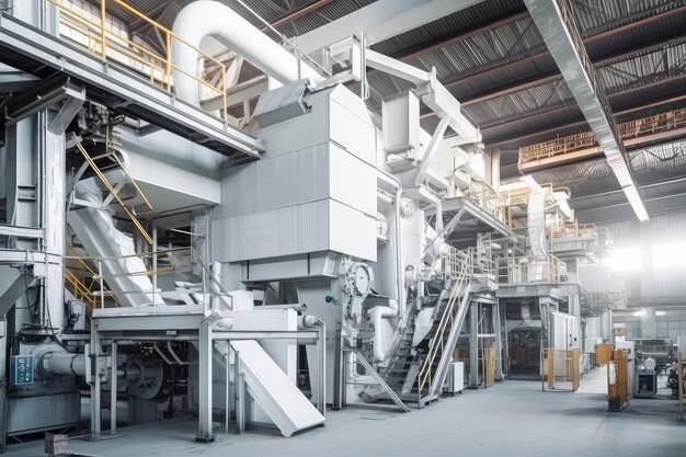 Usine moderne de pâtes et papiers avec de grandes machines et des équipements de haute technologie créés avec l'IA générative