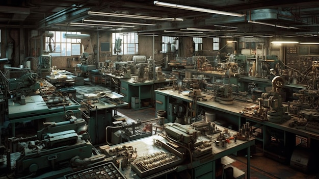 Une usine avec de nombreuses machines et une grande vitrine