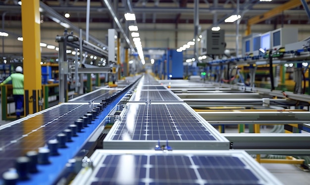 une usine avec des panneaux solaires sur le sol et un bleu qui dit des panneau solaires