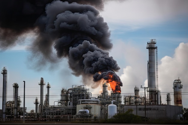 Usine pétrochimique avec de la fumée et des flammes provenant des grandes cheminées