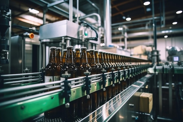 Usine pour la production de bière Convoyeur de brasserie avec de la bière en verre boit des bouteilles d'alcool ligne de production moderne Arrière-plan flou Production moderne pour la mise en bouteille de boissons Mise au point sélective