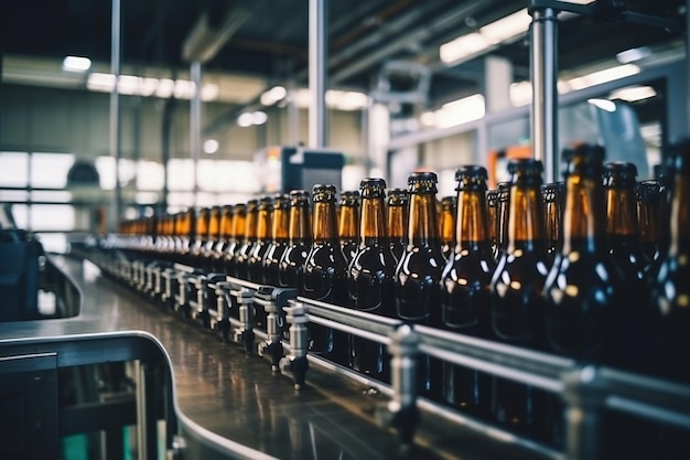 Usine pour la production de bière Convoyeur de brasserie avec de la bière en verre boit des bouteilles d'alcool ligne de production moderne Arrière-plan flou Production moderne pour la mise en bouteille de boissons Mise au point sélective