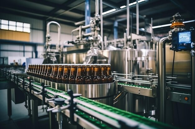 Usine pour la production de bière Convoyeur de brasserie avec de la bière en verre boit des bouteilles d'alcool ligne de production moderne Arrière-plan flou Production moderne pour la mise en bouteille de boissons Mise au point sélective