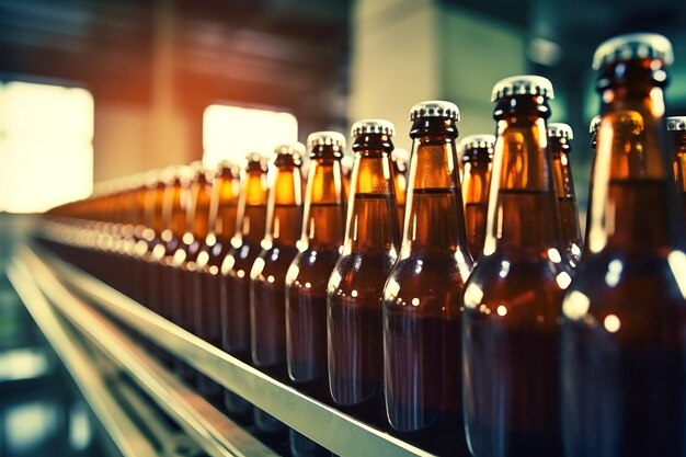 Usine de production de bière Conveyor de brasserie avec bouteilles de verre de bière et d'alcool Closeup Arrière-plan flou Production moderne pour l'embouteillage de boissons Concentration sélective
