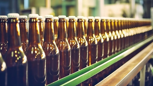 Usine de production de bière Convoyeur de brasserie avec bouteilles d'alcool à boisson de bière en verre Arrière-plan flou Production moderne pour l'embouteillage de boissons Focus sélectif