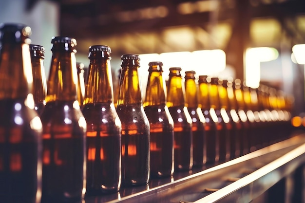 Usine de production de bière Convoyeur de brasserie avec bouteilles en verre de bière et d'alcool Closeup Arrière-plan flou Production moderne pour l'embouteillage de boissons Focus sélectif