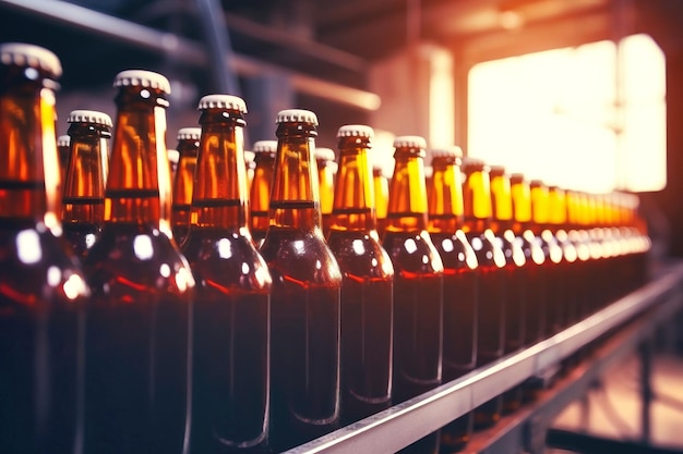 Usine de production de bière Convoyeur de brasserie avec bouteilles en verre de bière et d'alcool Closeup Arrière-plan flou Production moderne pour l'embouteillage de boissons Focus sélectif